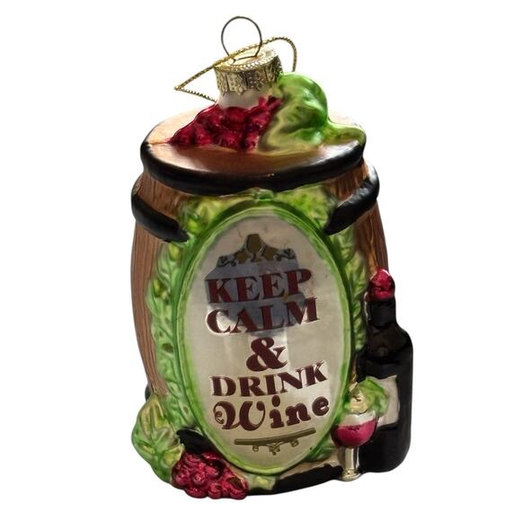 Blown Glass Wine Barrel “Keep Calm And Drink Wine”Christmas Ornament 4” - Picture 2 of 7